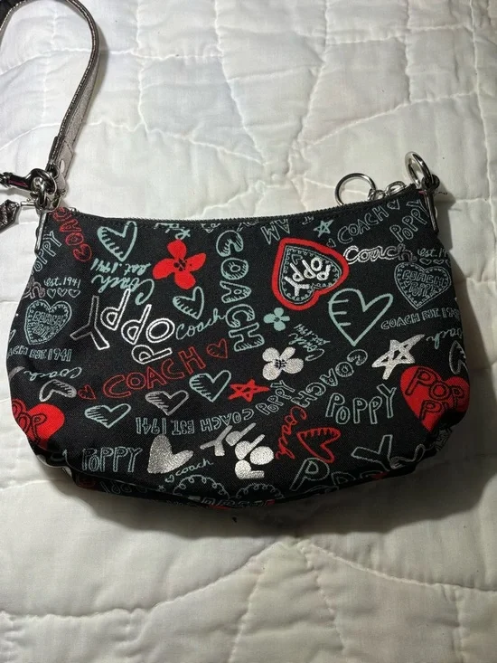 Coach Black Poppy Print Shoulder Bag or Wristlet with Metallic Trim - Picture 8 of 16